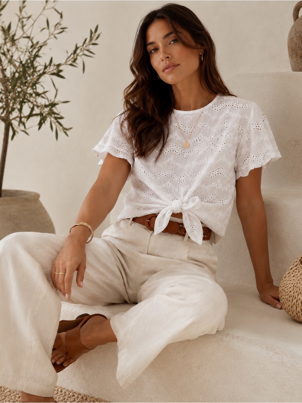 Christian Siriano White Eyelet Romantic Dainty Cotton Tie-Front Blouse Top S